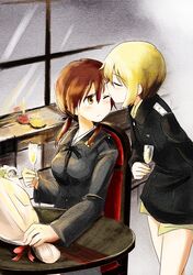  blonde_hair brown_eyes brown_hair erica_hartmann gertrud_barkhorn itsuki_kuro kiss military military_uniform multiple_girls short_hair strike_witches twintails uniform 