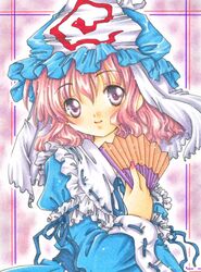  bust fan folding_fan hat japanese_clothes paper_fan pink_hair purple_eyes saigyouji_yuyuko satsuki_(gogotaru) solo touhou traditional_media violet_eyes watercolor_pencil_(medium) 