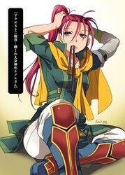  fire_emblem fire_emblem:_souen_no_kiseki genderswap hairdressing long_hair mouth_hold noshiro_masaru pink_hair ribbon shinon shinon_(fire_emblem) sitting translation_request yajiro_masaru 