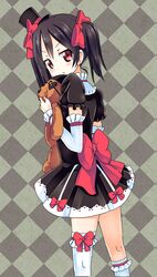  black_hair blush detached_sleeves dress hat highres hug kneehighs long_hair looking_back love_live!_school_idol_project mismatched_legwear red_eyes ribbon single_kneehigh single_thighhigh smile stuffed_toy tamaran thigh-highs twintails yazawa_nico 
