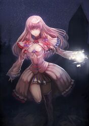  adapted_costume boots bow breasts bryanth capelet cleavage crescent hair_bow hair_ornament highres knee_boots long_hair night night_sky no_hat no_headwear patchouli_knowledge purple_eyes purple_hair running sidelocks sky solo star_(sky) starry_sky thigh_boots thighhighs touhou violet_eyes 