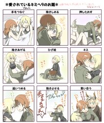  bed blonde_hair blue_eyes brown_eyes brown_hair chart erica_hartmann gertrud_barkhorn hanna-justina_marseille highres itsuki_kuro kiss military military_uniform panties partially_translated short_hair sleeping straddle strike_witches tail translated translation_request twintails underwear uniform yuri 