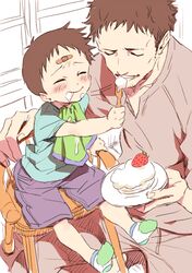  2boys bandaid cake child chocolate_sable closed_eyes dessert father_and_son feeding food ikari_gendou ikari_shinji multiple_boys neon_genesis_evangelion smile 