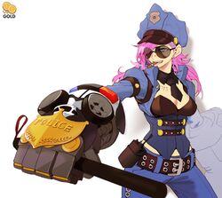  alternate_costume belt cigar earrings hat jewelry nose_piercing piercing pink_hair police police_uniform policewoman radio sunglasses tattoo truncheon uniform vi_(league_of_legends) 