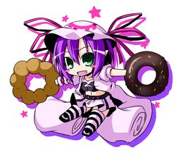  chibi doughnut facial_mark fang green_eyes hat ichimi merry_nightmare midriff open_mouth pink_jacket pink_skirt purple_hair skirt smile solo striped striped_legwear striped_thighhighs tank_top thighhighs yumekui_merry 