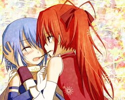  long_hair mahou_shoujo_madoka_magica mashayuki miki_sayaka multiple_girls pocky ponytail sakura_kyouko yuri 