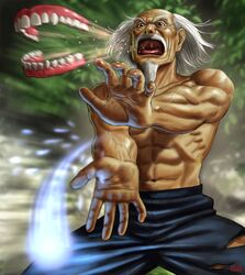  beard copyright_request dentures facial_hair flying_dentures foreshortening hands kamehameha male matataku muscle mustache old_man pun solo what white_hair 
