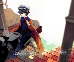  1girl black_hair coat english fur_hat goggles grey_eyes hat hermes hinata123 kino kino_no_tabi motor_vehicle motorcycle short_hair vehicle 