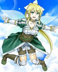  1girl blonde_hair braid choker green_eyes leafa long_hair open_mouth pointy_ears ponytail sakurage smile solo sword_art_online twin_braids very_long_hair wings 