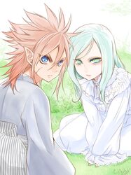  2boys androgynous aqua_hair blue_eyes crossdressing garushaa_wolfein green_eyes inazuma_eleven_(series) inazuma_eleven_go inazuma_eleven_go_chrono_stone long_hair male multiple_boys orange_hair pointy_ears vanfeny_vamp yellow_eyes zuwai_kani 