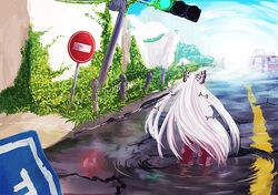  bow from_behind fujiwara_no_mokou hair_bow long_hair pants plant reflection road_sign sign solo stoplight touhou traffic_light very_long_hair water white_hair wingedleek 