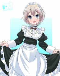  1boy alternate_costume apron blue_eyes enmaided inaka_keikou maid maid_headdress short_hair silver_hair skirt_hold solo totsuka_saika trap yahari_ore_no_seishun_love_come_wa_machigatteiru 
