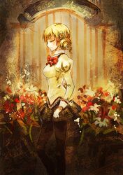  blonde_hair bryanth closed_eyes drill_hair eyes_closed flower highres light_smile mahou_shoujo_madoka_magica pantyhose profile puffy_sleeves school_uniform short_hair solo tears tomoe_mami 