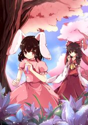  2girls absurdres animal_ears ascot bow brown_eyes brown_hair cherry_trees detached_sleeves dress flower hair_bow hair_tubes hakurei_reimu highres inaba_tewi jar jewelry long_hair multiple_girls pandako pendant pink_dress rabbit_ears red_eyes short_hair smile test_tube touhou 