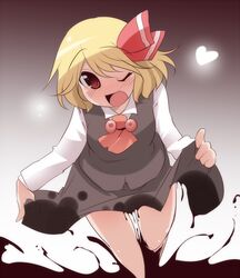  1girl aki_(akikaze_asparagus) blonde_hair blush darkness hair_ribbon heart long_sleeves open_mouth red_eyes ribbon rumia short_hair skirt skirt_hold solo touhou wink 