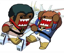  amuro_ray bright_noa bright_slap crossover domo-kun gundam military military_uniform mobile_suit_gundam nippon_housou_kyoukai oldschool parody sharp_teeth ship slapping teeth tim_flanagan uniform white_base 