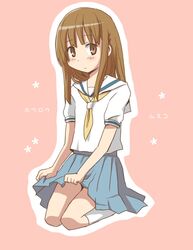  brown_eyes brown_hair crossdress crossdressing hair_ornament hairclip hourou_musuko long_hair nitori_shuuichi school_uniform serafuku sitting skirt trap 