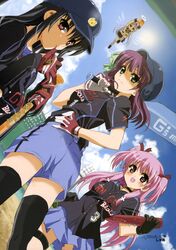  absurdres angel_beats! baseball_bat baseball_cap baseball_glove baseball_helmet baseball_mitt black_legwear blazer bow cloud clouds fang gloves green_eyes hair_bow halo hand_on_hip hat helmet highres hips legs long_hair looking_back mouth_hold multiple_girls nail nail_bat open_mouth pink_eyes pink_hair purple_hair school_uniform shaa shiina_(angel_beats!) short_twintails silver_hair sky smile tachibana_kanade tenshi_(angel_beats!) thigh-highs thighhighs twintails very_long_hair weapon wings yui_(angel_beats!) yuri_(angel_beats!) zettai_ryouiki 