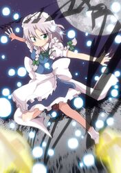  1girl between_fingers blue_eyes braid danmaku izayoi_sakuya knife maid maid_headdress massala moon short_hair silver_hair solo touhou twin_braids 