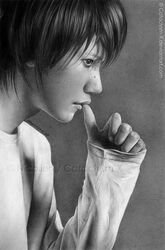  black_hair cataclysm_x death_note l male monochrome solo 
