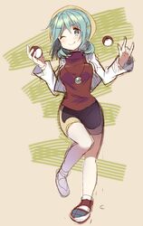  1girl ;p bare_legs bike_shorts blue_eyes blue_hair crystal_(pokemon) crystal_(pokemon)_(cosplay) full_body hair_ornament hairclip hat holding holding_poke_ball looking_at_viewer mahou_shoujo_madoka_magica miki_sayaka nochita_shin poke_ball pokemon pokemon_(game) pokemon_gsc tongue wink 