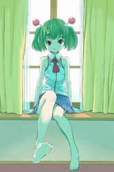  1boy barefoot boy brown_eyes crossdress crossdressing feet flat_chest gloves green_hair hair_ornament highres legs male necktie original personification pluto-kun plutonium puruto-kun radiation_symbol red_eyes sakuganki short_hair short_twintails sitting skirt sleeveless smile soles solo trap twintails window 