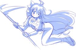  1girl blush gomamiso_sti long_hair looking_back miwajou monochrome original scythe simple_background solo very_long_hair white_background 