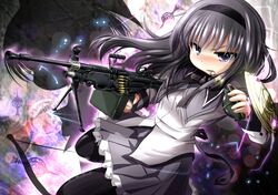  bipod black_hair black_legwear blush bow_(weapon) explosive fn_minimi grenade grief_seed gun inyu inyucchi kaname_madoka m249 machine_gun magical_girl mahou_shoujo_madoka_magica mouth_hold pantyhose purple_eyes shield silhouette tears violet_eyes weapon 