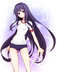  akemi_homura bad_id bare_legs bloomers buruma flat_gaze gym_uniform hairband hattori_(junoct2000) highres long_hair mahou_shoujo_madoka_magica purple_eyes purple_hair solo 