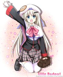  1girl baseball baseball_mitt blue_eyes cape hat highres little_busters! long_hair negiya noumi_kudryavka plaid plaid_skirt school_uniform silver_hair skirt thigh-highs 