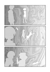  3koma anger_vein comic kaname_madoka long_hair magia_(madoka_magica) mahou_shoujo_madoka_magica miki_sayaka monochrome multiple_girls parody sakura_kyouko short_hair silent_comic silhouette sumeragi_kou translation_request tripping 