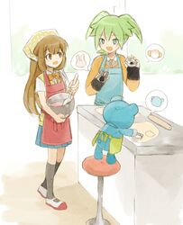  1girl 2boys barufoa brown_eyes brown_hair fei_rune green_eyes green_hair inazuma_eleven_(series) inazuma_eleven_go inazuma_eleven_go_chrono_stone long_hair multiple_boys nanobana_kinako open_mouth pleated_skirt skirt wonderbat 