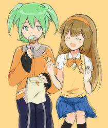 1boy 1girl barufoa blush brown_hair closed_eyes fei_rune food green_eyes green_hair hairband inazuma_eleven_(series) inazuma_eleven_go inazuma_eleven_go_chrono_stone long_hair nanobana_kinako open_mouth rough skirt 