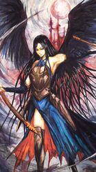  acrylic_paint_(medium) armor bare_shoulders black_hair boots bridal_gauntlets castlevania castlevania:_order_of_ecclesia dress gothic long_hair moon shanoa solo tattoo thigh-highs thigh_boots thighhighs traditional_media very_long_hair weapon wings 