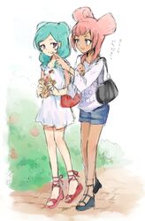  2boys aqua_hair barufoa beta_(inazuma_eleven) dress food high_heels inazuma_eleven_(series) inazuma_eleven_go inazuma_eleven_go_chrono_stone male multiple_boys orca_(inazuma_eleven) pink_hair rough shoes short_shorts shorts violet_eyes white_background 