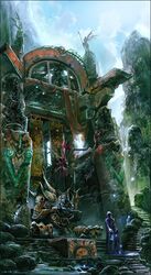  crescent fantasy landscape lantern makarori_(noah) monster original red_eyes robe ruins stairs 