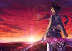  black_eyes black_hair dual_wielding jacket mikasa_ackerman scarf shingeki_no_kyojin short_hair spidca sunset sword weapon 