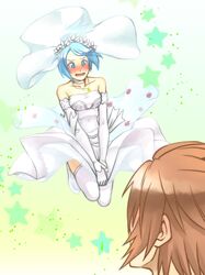  banana_gyuunyuu blue_eyes blue_hair blush bridal_veil brown_hair choker dress gloves jewelry kingdom_hearts kingdom_hearts_birth_by_sleep necklace short_hair terra_(kingdom_hearts) thighhighs vanitassora veil wedding_dress white_legwear 