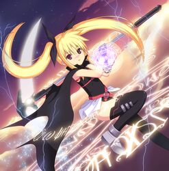  bardiche black_legwear blonde_hair fate_testarossa gloves hair_ribbon highres koyama_tomosato leg_up long_hair lyrical_nanoha magic_circle mahou_shoujo_lyrical_nanoha red_eyes ribbon scythe solo thigh-highs thighhighs twintails very_long_hair weapon 