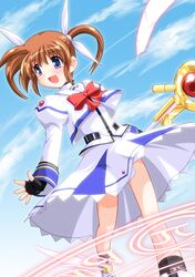  blue_eyes brown_hair dutch_angle feathers fingerless_gloves gloves long_hair lyrical_nanoha magic_circle mahou_shoujo_lyrical_nanoha staff sumeragi_kou takamachi_nanoha twintails 