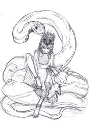  1girl anklet barefoot graphite_(medium) jewelry kobushi mishaguji monochrome moriya_suwako short_hair smile snake solo tagme touhou traditional_media 