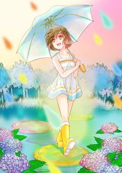  1girl boots brown_eyes brown_hair dress hair_ornament hairclip happy original paint rain short_hair solo tree umbrella 