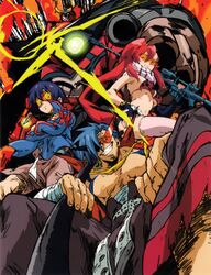 blue_hair foreshortening from_below frown goggles gun gurren-lagann kamina kamina_shades kojima_hirokazu mecha official_art red_hair redhead rifle scan shirtless simon smirk sniper_rifle sunglasses tengen_toppa_gurren-lagann tengen_toppa_gurren_lagann thighhighs weapon wink yoko_littner 