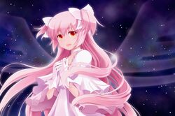  alternate_costume alternate_hairstyle blonde_hair bow bust gloves goddess_madoka hair_bow hands_on_own_chest hands_to_chest kaname_madoka light_smile long_hair magical_girl mahou_shoujo_madoka_magica open_mouth orange_eyes pink_hair red_eyes smile solo space spoilers sun_trial transparent twintails ultimate_madoka very_long_hair white_gloves wings 