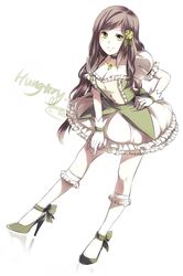 axis_powers_hetalia breasts brown_hair choker cleavage cosplay dutch_angle footwear gloves green_eyes hand_on_hip high_heels highres hips hungary_(hetalia) kaname_madoka kaname_madoka_(cosplay) kneehighs leaning_forward long_hair maamayoru magical_girl mahou_shoujo_madoka_magica puffy_sleeves reflection shoes simple_background smile socks solo white_gloves white_legwear 