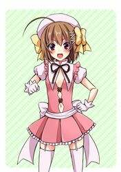  :d ahoge blush bow brown_hair dress fang garter_straps garters gloves hair_bow hair_ornament hairclip haruna_(kore_wa_zombie_desu_ka?) hat kore_wa_zombie_desu_ka? large_bow magical_girl navel open_mouth purple_eyes red_eyes short_hair smile solo thigh-highs thighhighs tottoto_tomekichi white_legwear 