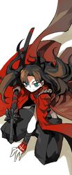  1girl absurdres black_hair blue_eyes brown_hair fate/stay_night fate_(series) hair_ribbon highres japanese_clothes katana kimono lamian_(pixiv415608) long_hair ribbon sheath sheathed solo sword toosaka_rin two_side_up weapon 