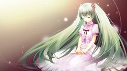  bad_id closed_eyes dress eyes_closed green_hair hatsune_miku long_hair shiramori_yuse sitting solo twintails very_long_hair vocaloid white_dress yuse 