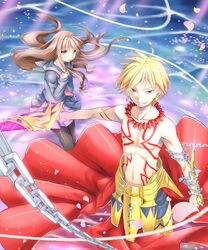  1girl blonde_hair brown_eyes brown_hair chain fate/extra_ccc fate_(series) female_protagonist_(fate/extra) gilgamesh highres jewelry long_hair necklace petals school_uniform serafuku shirtless tattoo youryokuso 