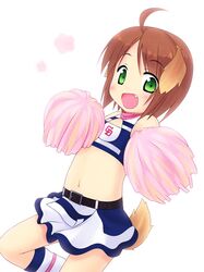  ahoge animal_ears cheerleader chunichi_dragons cleavage_cutout dog_ears dog_tail fang flat_chest green_eyes inuarashi kneehighs meiko_(inuarashi) midriff navel nippon_professional_baseball original pom_poms short_hair skirt solo tail 